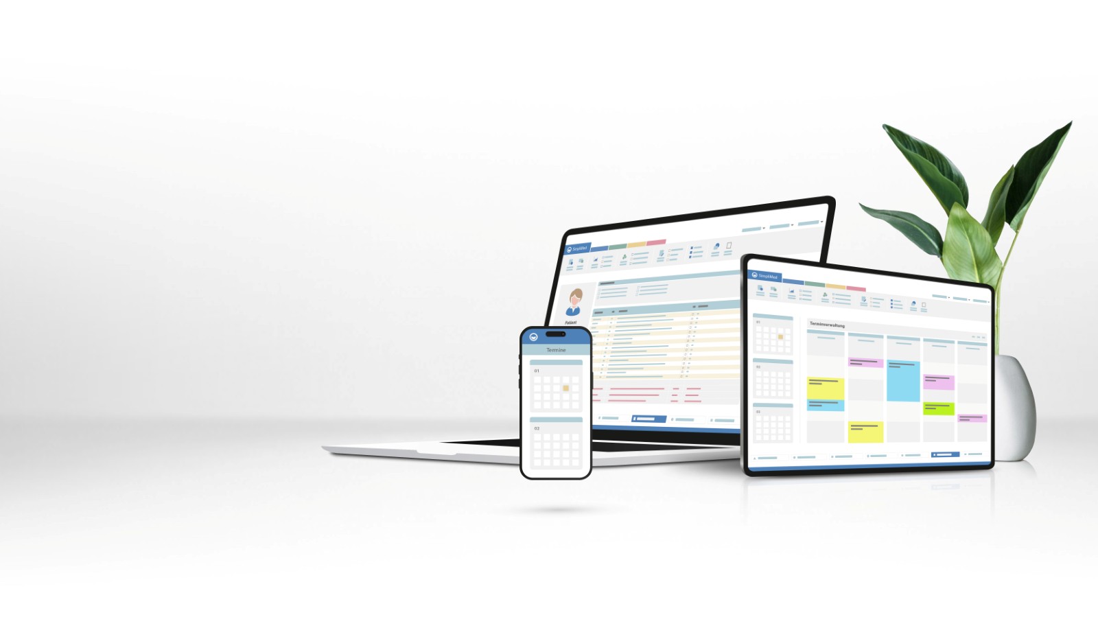 SimpliMed-Online auf Laptop, Tablet und iPhone – Abrechnung und Terminkalender